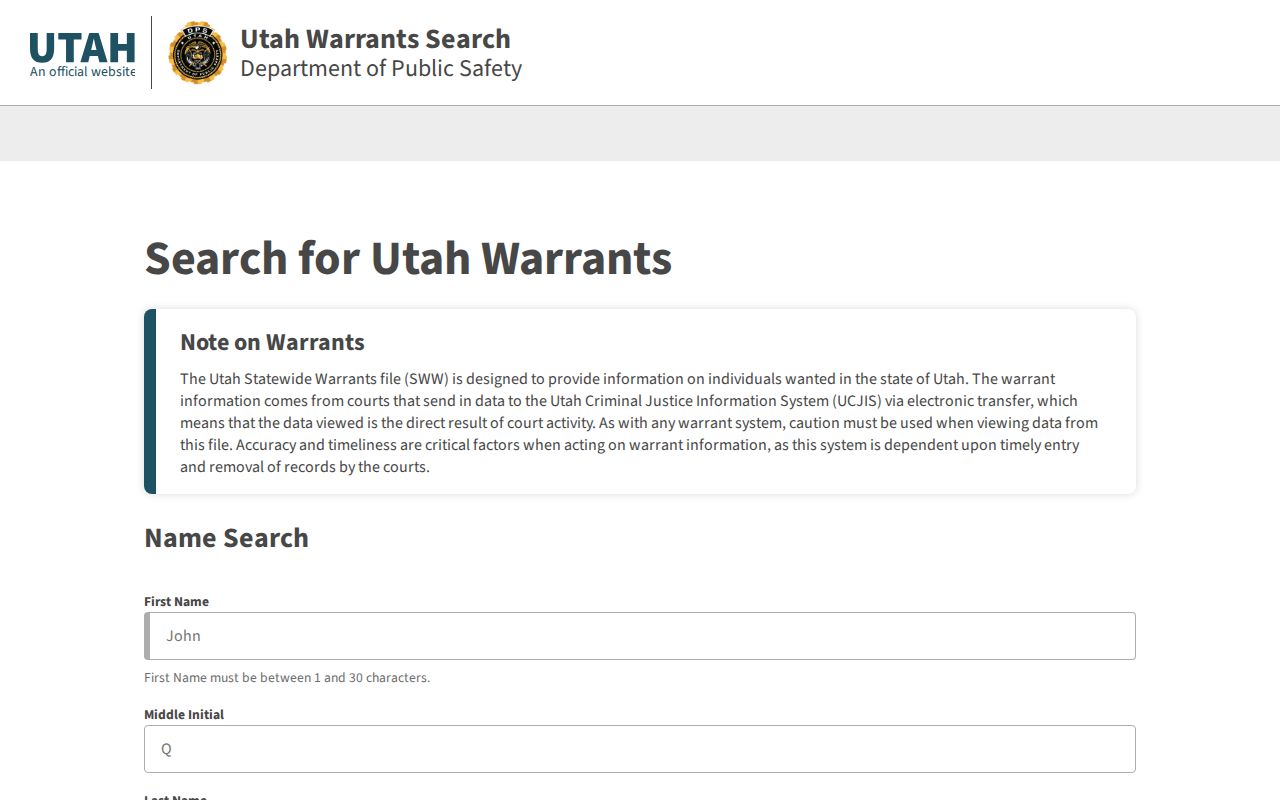Kane County warrant search reference showing the blank Utah Statewide Warrants public portal
