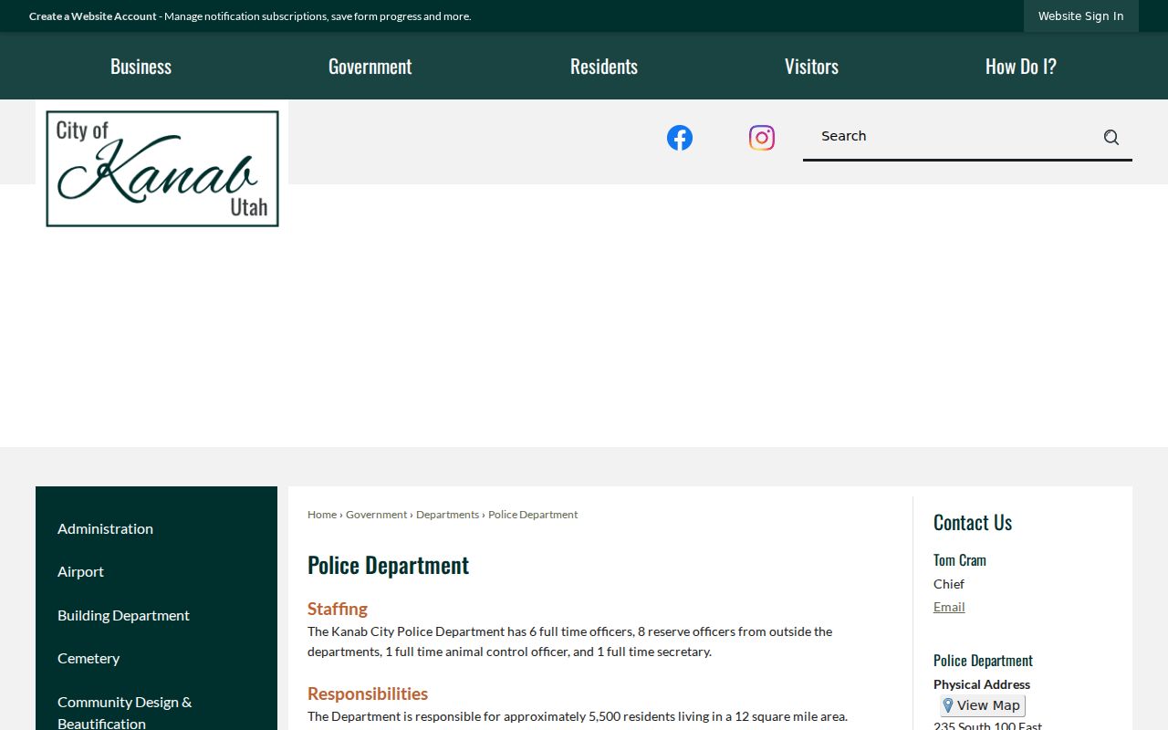 Kanab warrant search reference showing the Kanab Police Department contact page