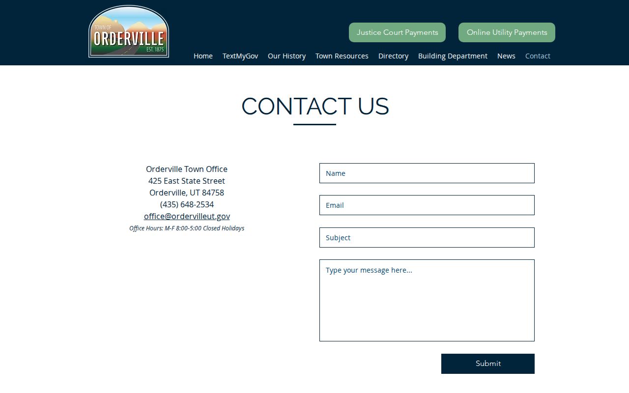 Orderville warrant search reference showing the Orderville Town Office contact page