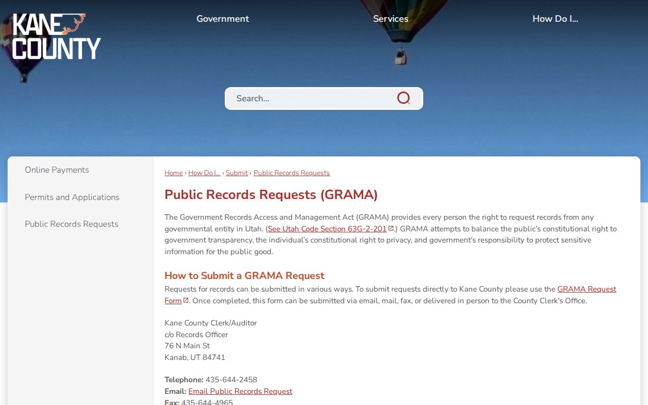 Kane County warrant search access reference showing the county GRAMA request page
