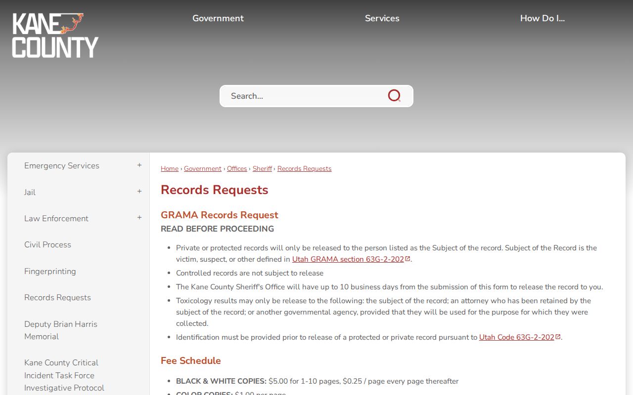 Kane County active warrant records request reference showing the Sheriff GRAMA form