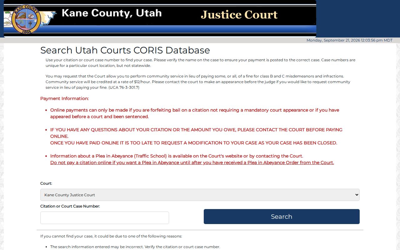 Kane County traffic warrant search reference showing the blank CORIS citation and case lookup