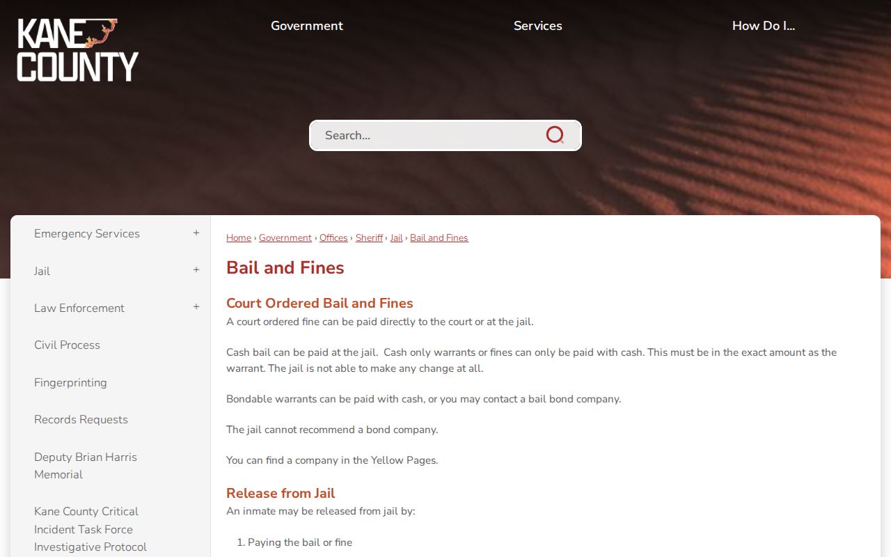 Kane County bench warrant information showing cash-only and bondable payment guidance