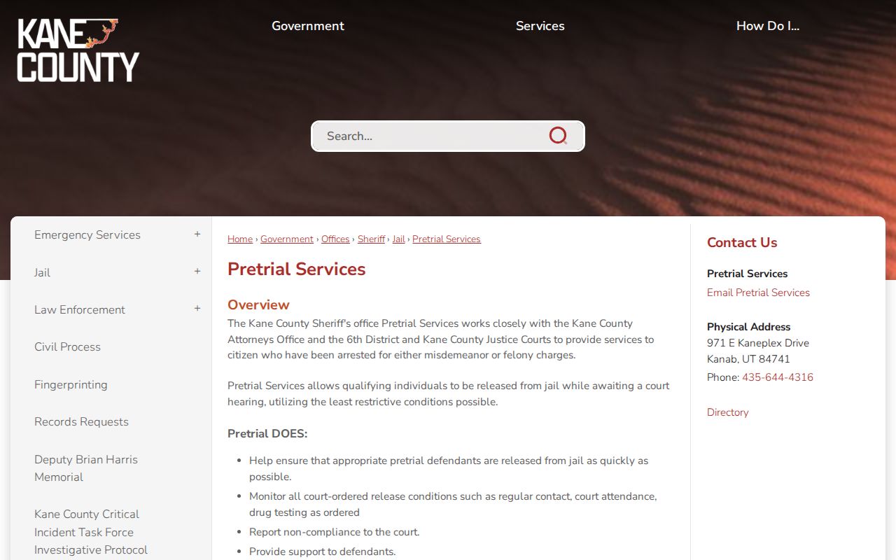 Kane County bench warrant release context showing the Pretrial Services contact page