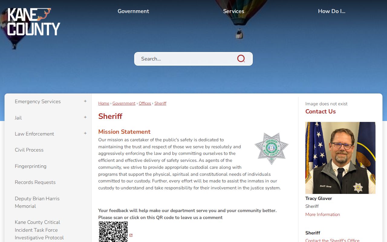 Kane County warrant records resource showing the Sheriff contact and agency links
