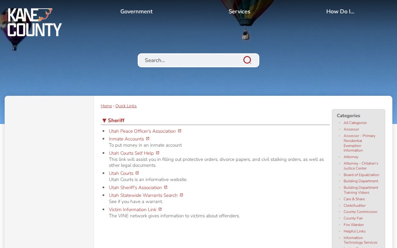 Kane County active warrant reference showing the county's official link to statewide warrants